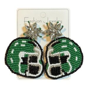 Football Helmet Earrings Green Beaded Rhinestone Stud Fashion Jewelry NWT